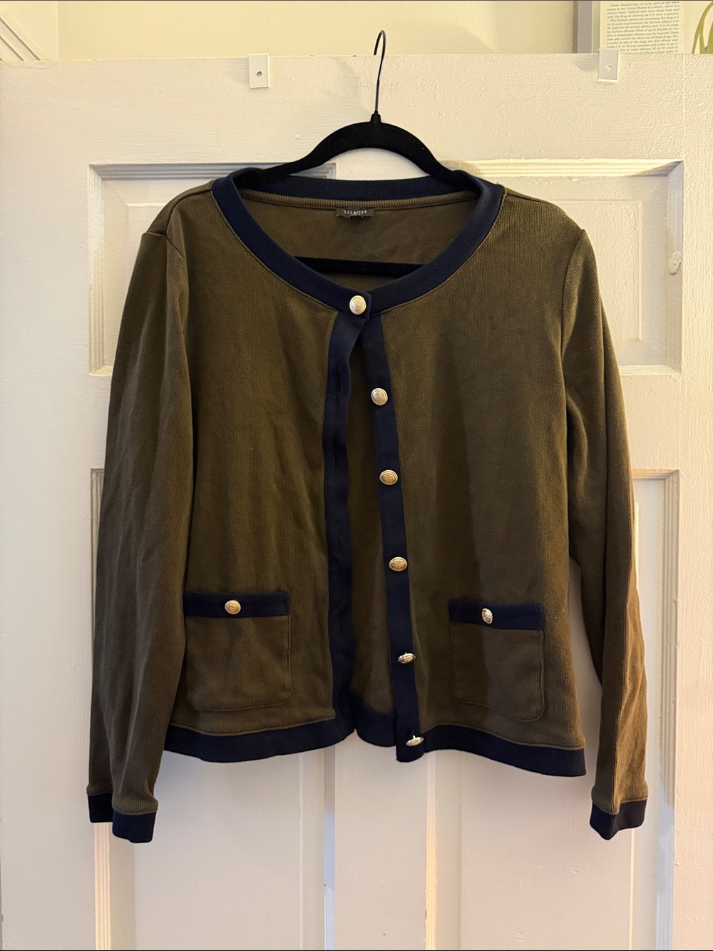 Talbots Olive and Navy Button Front Cardigan Jacket